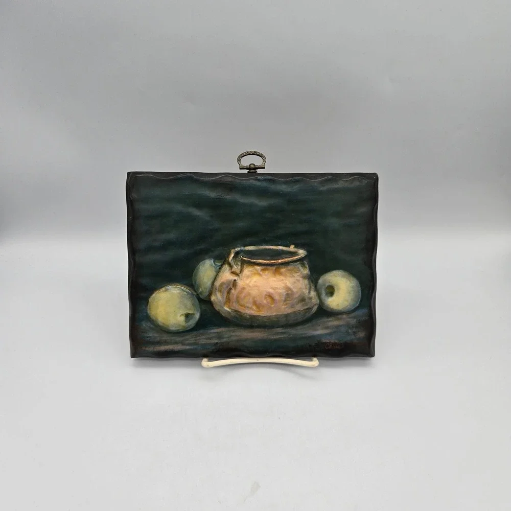 Vintage Dark Moody Still Life Wall Art Plaque Copper Pot and Apples in Relief